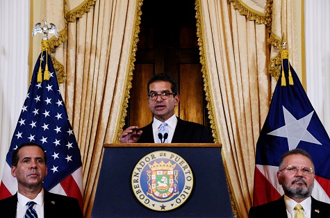 Pedro Pierluisi holding a news conference after swearing in as Governor of Puerto Rico in San Juan, Puerto Rico.