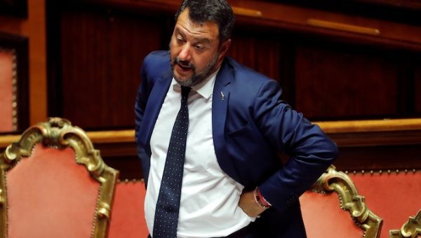 Italy's Interior Minister and Deputy Prime Minister Matteo Salvini gestures as Italy's government is set to face Senate confidence vote on security and immigration decree in Rome, Italy, August 5, 2019