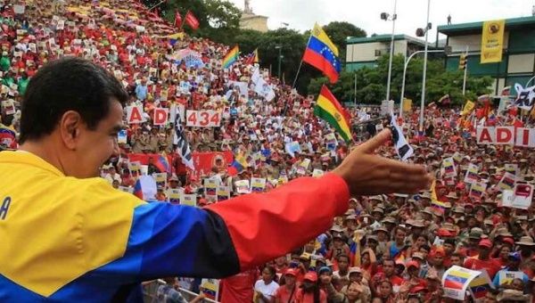 Venezuelan President Nicolas Maduro salutes Caracas crowds during World Protest Day, #NoMasTrump, #NoMoreTrump. Aug. 10, 2019
