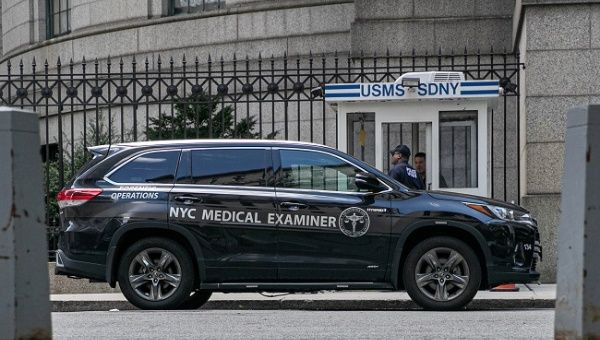 A medical examiner vehicle is seen Metropolitan Correctional Center jail where financier Jeffrey Epstein, who was found dead in the Manhattan borough of New York City, New York, U.S., August 10, 2019.