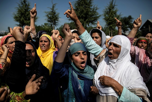Kashmiri women attend a protest after Eid-al-Adha prayers at a mosque during restrictions after the scrapping of the special constitutional status for Kashmir by the Indian government, in Srinagar, August 12, 2019.