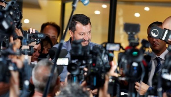 Italian Interior Minister Matteo Salvini speaks to the media, as Italian Senate is due to set a date to hold a no-confidence vote in the government.