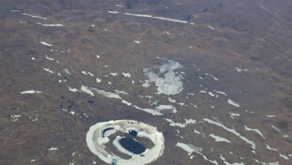 Aerial photo of the area where the Okjokull glacier was located, Iceland, 2014.