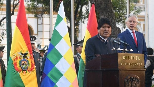 President Evo Morales and Vice President Alvaro Garcia Linea during Bolvia's Flag Day celebration, Aug. 17, 2019