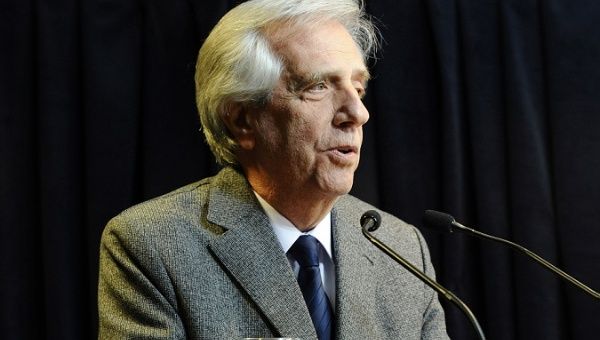 Uruguayan President Tabare Vazquez speaks during a news conference at the Torre Ejecutiva building at Montevideo.