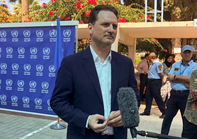 Pierre Krahenbuhl, Commissioner General of UNRWA, speaks to the media in Gaza City