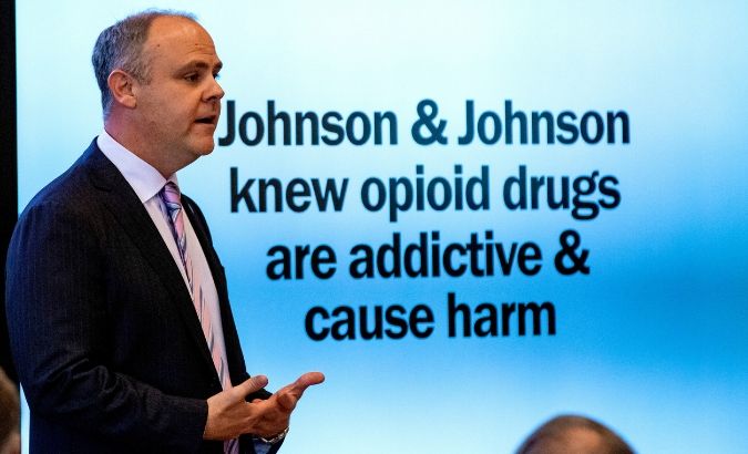 State's attorney Brad Beckworth presents information in the opening statements during the Oklahoma v. Johnson & Johnson opioid trial at the Cleveland County Courthouse in Norman, Oklahoma, U.S. May 28, 2019.