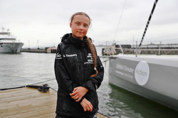 Greta Thunberg after completing her trans-Atlantic crossing in order to attend a United Nations summit on climate change in New York, U.S., August 28, 2019.