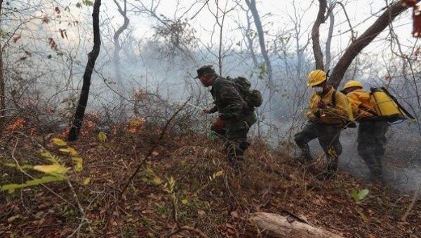 Bolivian soldiers trying to address the fires in the region of San José de Chiquitos (Bolivia) on August 29, 2019.