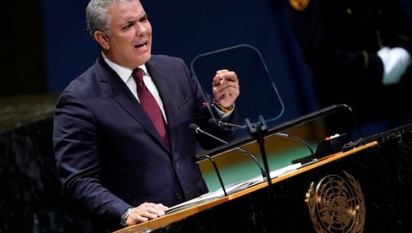 Colombia's President Ivan Duque addresses the 74th session of the United Nations General Assembly at U.N. headquarters in New York City, New York, U.S., September 25, 2019.