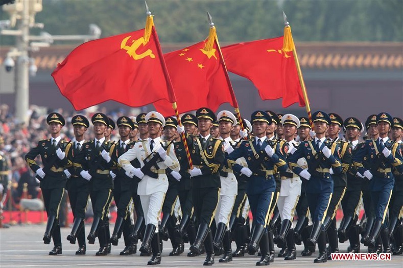 Peoples Liberation Army on the military parade, displaying both the Communist Party flag, and China's five star national flag