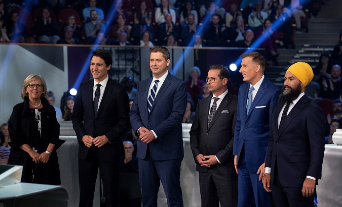 Candidates Elizabeth May, Justin Trudeau, Andrew Scheer, Maxime Bernier, Yves-Francois Blanchet, Jagmeet Singh before the Federal leaders debate in Canada October 7, 2019.