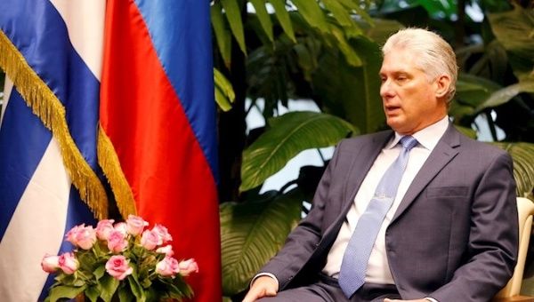 President Miguel Diaz-Canel during a meeting with Russian diplomacy in La Habana, Cuba, Oct. 3, 2019.