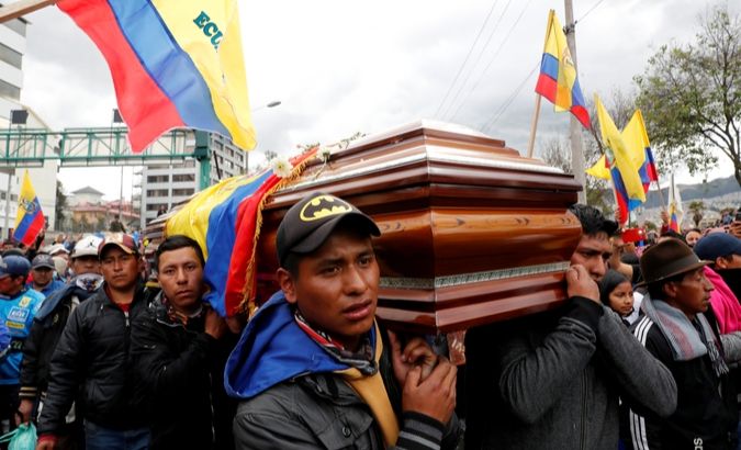 People carry the coffin of a demonstrator that they claim was killed during protests against Ecuador's President Lenin Moreno's austerity measures in Quito, Ecuador, October 10, 2019.