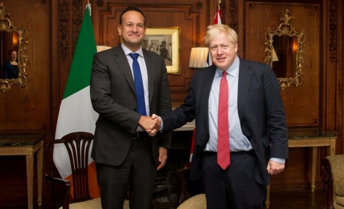 Ireland's Prime Minister (Taoiseach) Leo Varadkar and British Prime Minister Boris Johnson meet in Thornton Manor, Cheshire, Britain October 10, 2019.