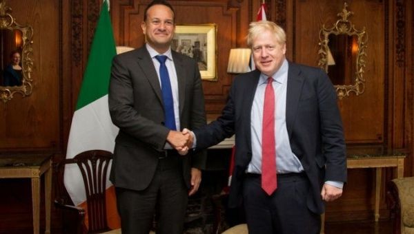 Ireland's Prime Minister (Taoiseach) Leo Varadkar and British Prime Minister Boris Johnson meet in Thornton Manor, Cheshire, Britain October 10, 2019. 