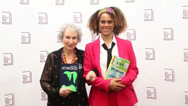 Margaret Atwood poses with Bernardine Evaristo after jointly winning the Booker Prize for Fiction 2019 at the Guildhall in London, Britain October 14, 2019. 
