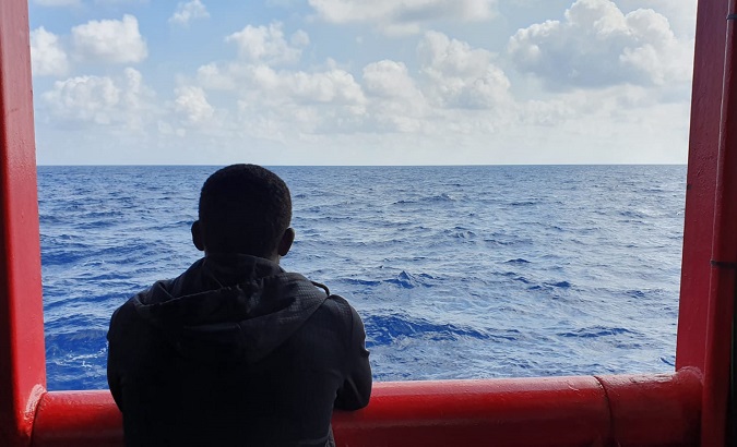 African migrant watching the Mediterranean from the window of the Ocean Viking, Oct. 14 2019.