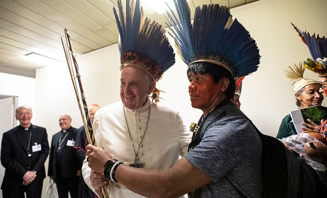 Pope Francis meets with Brazil's Indigenous leaders at the Vatican, Oct. 17, 2019.