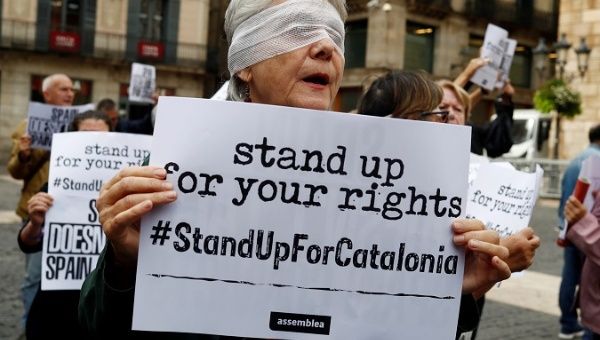 Pro-independence activists gather during a protest in Barcelona, Spain, Oct. 23, 2019.