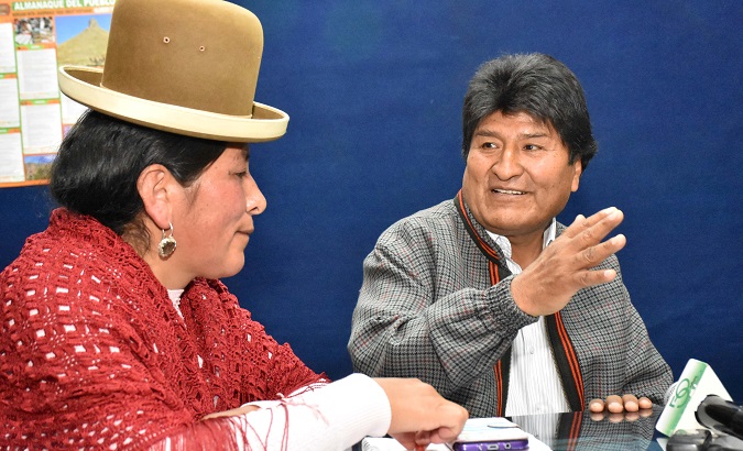 Bolivia's President Evo speaks during an interview at the San Gabriel Radio in El Alto.