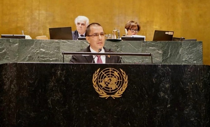 Venezuelan Foreign Minister Jorge Arreaza speaking at the UN General Assembly.