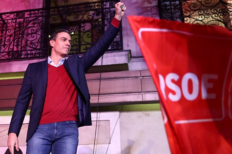 Spain's acting Prime Minister and Socialist Party leader (PSOE) candidate Pedro Sanchez at party headquarters in Madrid.