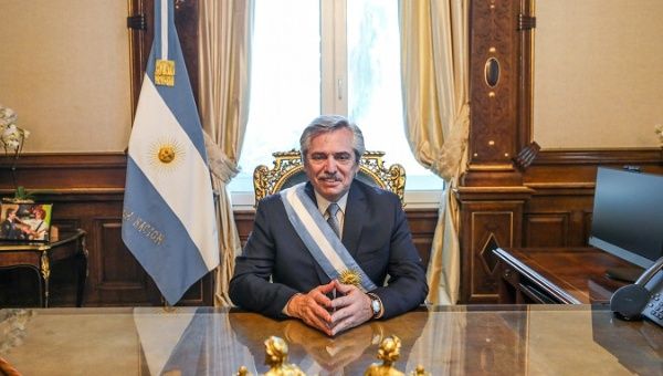 President Alberto Fernandez at the Casa Rosada Presidential Palace, in Buenos Aires, Argentina Dec. 10, 2019. 