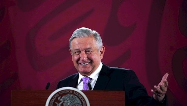 Photograph courtesy of the Mexican Presidency of the President of Mexico, Andrés Manuel López Obrador, during his morning press conference this Tuesday, at the National Palace in Mexico City (Mexico)