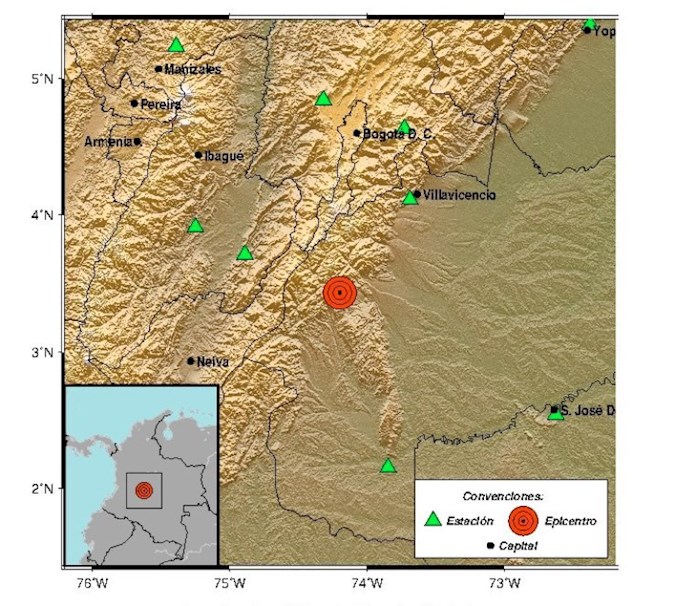A handout photo made available by the Colombian Geological Service (SGC) that shows the epicentre of an earthquake of 6.2 on the Ritcher scale at Meta province, neart to the villages of Lejanias, Mesetas and San Juan de Arama, Colombia, 24 December 2019. According the SGC no victims and damage were reported.