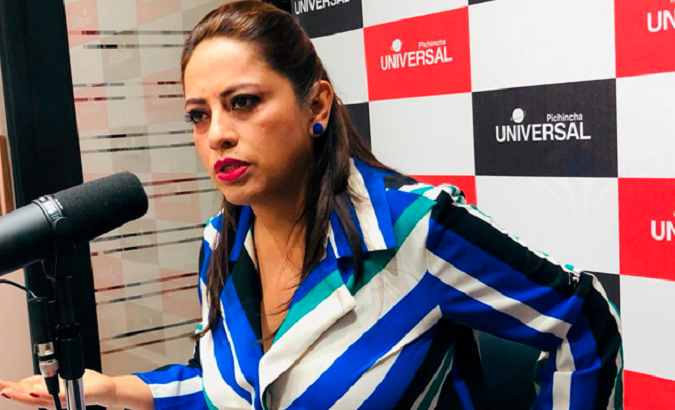 The Prefect of Pichincha Paola Pabon at a local radio station in Quito, Ecuador, 2019.