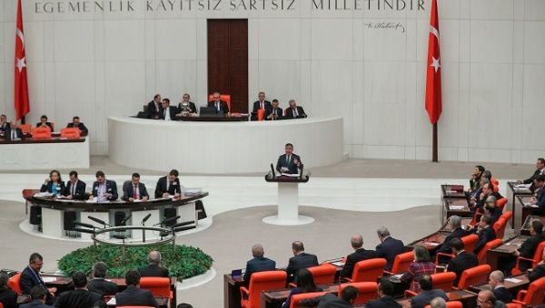 Ismet Yilmaz, head of the parliament's national defence committee from the ruling AK Party, addresses lawmakers at the Turkish Parliament in Ankara, Turkey, January 2, 2020.