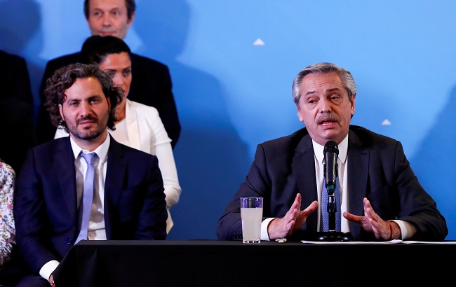 Argentina's President-elect Alberto Fernandez announces his cabinet next to Argentina's incoming Cabinet Chief, Santiago Cafiero, ahead of taking office on December 10, in Buenos Aires, Argentina December 6, 2019.