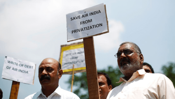 Protest against the proposed privatization of Air India by the government, in New Delhi, India July 18, 2017.
