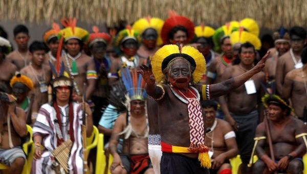 Cacique Raoni of Kayapo tribe delivers a speech in Xingu Indigenous Park, Brazil, Jan. 17, 2020.