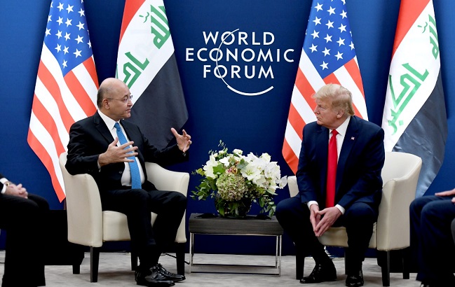 U.S. President Donald Trump meets with Iraq's President Barham Salih during the 50th World Economic Forum (WEF) annual meeting in Davos, Switzerland, January 22, 2020.