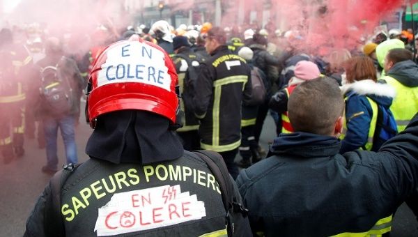 French firefighters protest against working conditions, in Paris, France, Jan. 28, 2020.