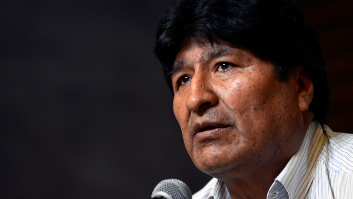 Former Bolivian President Evo Morales speaks to a crowd in La Paz.