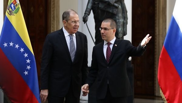 Foreign Minister Sergey Lavrov (L) and Foreign Minister Jorge Arreaza (R) at the Yellow House, Caracas, Venezuela, Feb. 7, 2020.