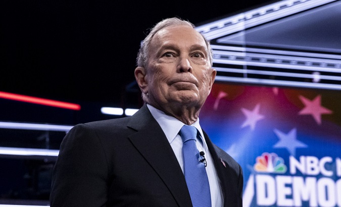 Mike Bloomberg looks on at the start of the ninth Democratic presidential debate, at the Paris Theater in Las Vegas.