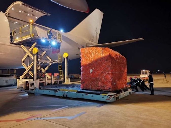 Medical supplies donated to Piemonte of Italy are loaded up at Xiaoshan International Airport in Hangzhou, east China's Zhejiang Province, March 11, 2020.