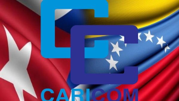 Flags of Cuba and Venezuela together with the logo of Caricom.