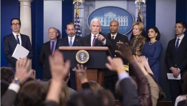U.S. Vice President Mike Pence attends a press conference on COVID-19 at the White House in Washington D.C. March 9, 2020.