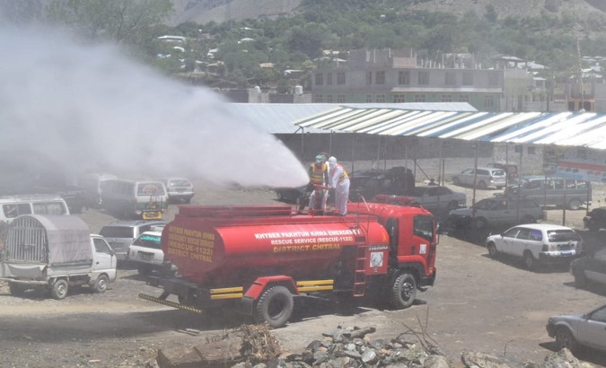 Soldiers spraying disinfectant in Swat streets, Khyber Pakhtunkhwa, Pakistan. May 18, 2020.