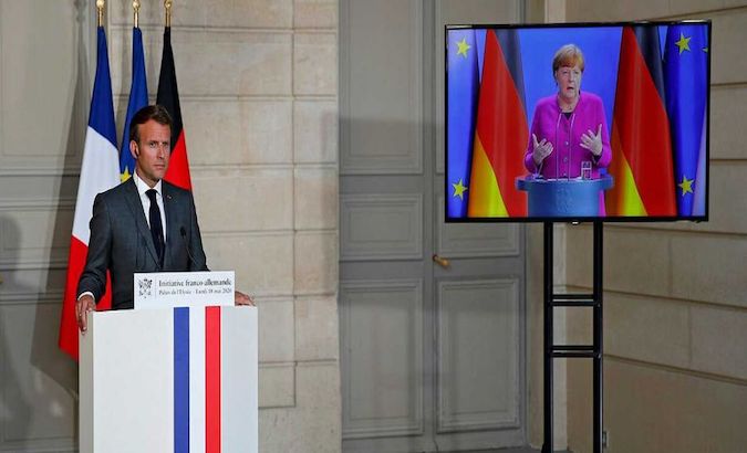 France's President Emmanuel Macron and Germany's Chancellor Angela Merkel during a joint video conference. May 20, 2020.