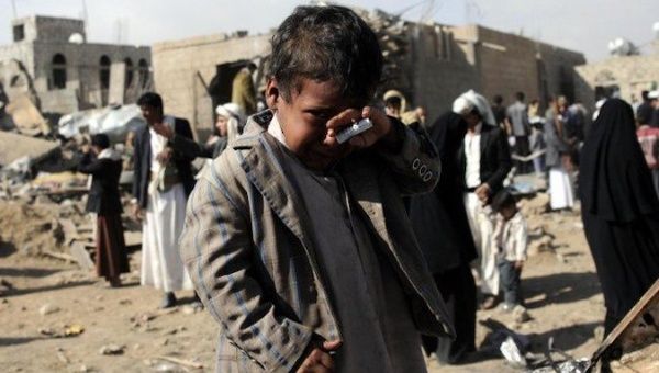 A boy cries after his community was destroyed in an attack by the Saudi Arabian-led coalition. May, 2020.