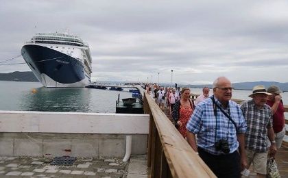 Tourists arriving at Port Royal, Jamaica on January 2020.