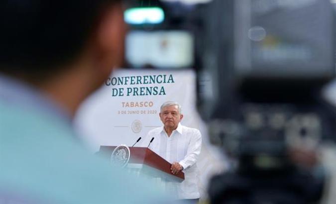 Mexico's President Andres Manuel Lopez Obrador at a morning press conference, Mexico City, June 6, 2020.