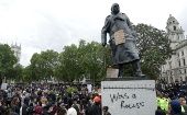 The Winston Churchill statue in Parliament Square is defaced for a second day on June 7, 2020