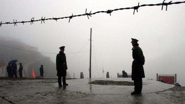 Soldiers face to face on the border between China and India.